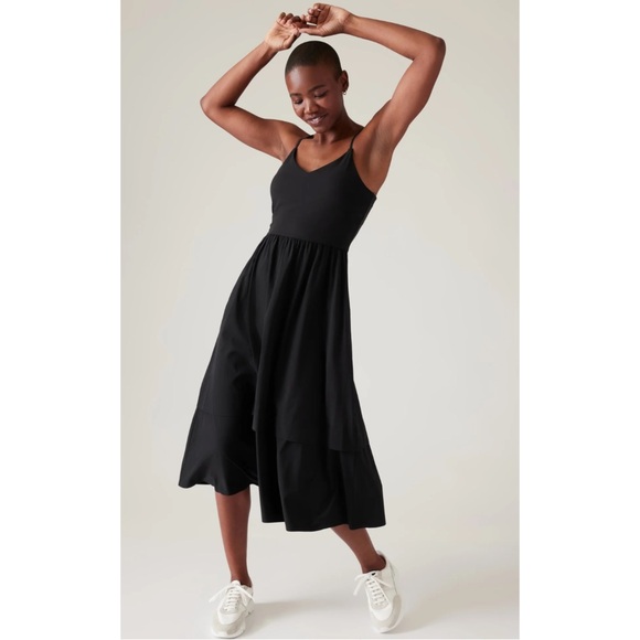 ATHLETA | $129 Elation V-Neck Hybrid Midi Dress in Black, Size XL - Picture 1 of 16